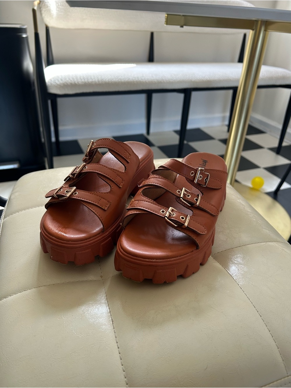 Nasty Gal Triple Buckle Platform Slides - Cognac Brown